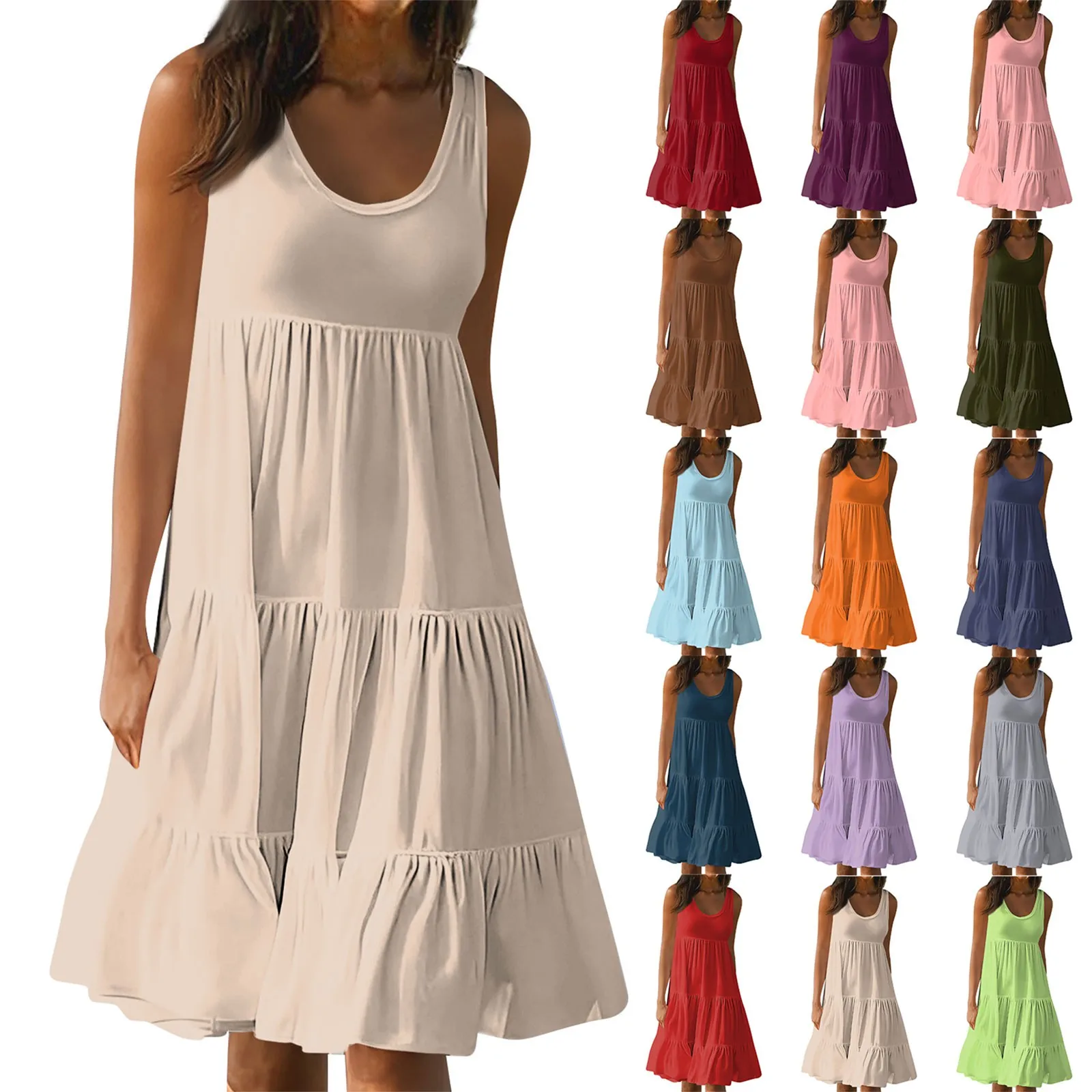 Women's Vest Dresses Summer Pleated Bohemian Dresses Ladies Cute Sleeveless Sundress Flowing Beach Ruffles Loose Dress