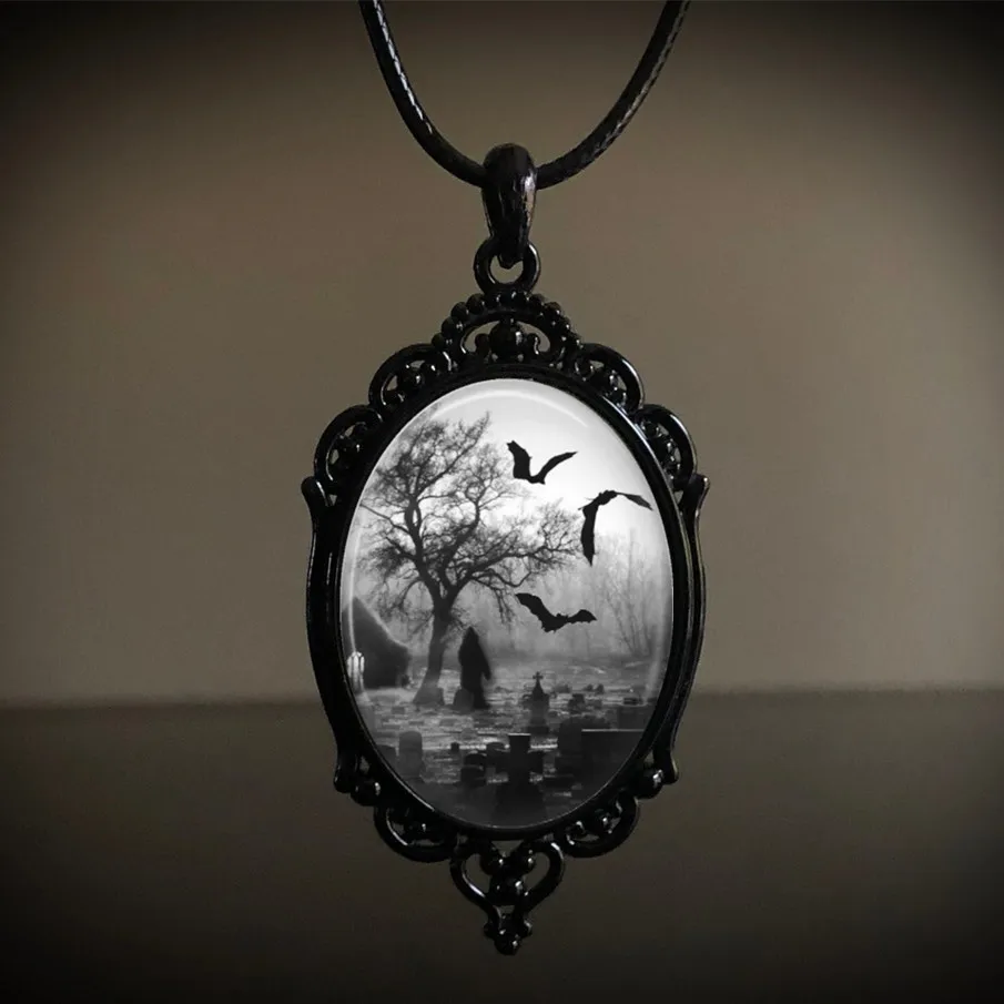 Gothic Cemetery Cameo Necklace Victorian  in Black Grim Reaper Death Pendant Jewelry Graveyard Bats Halloween Chokers