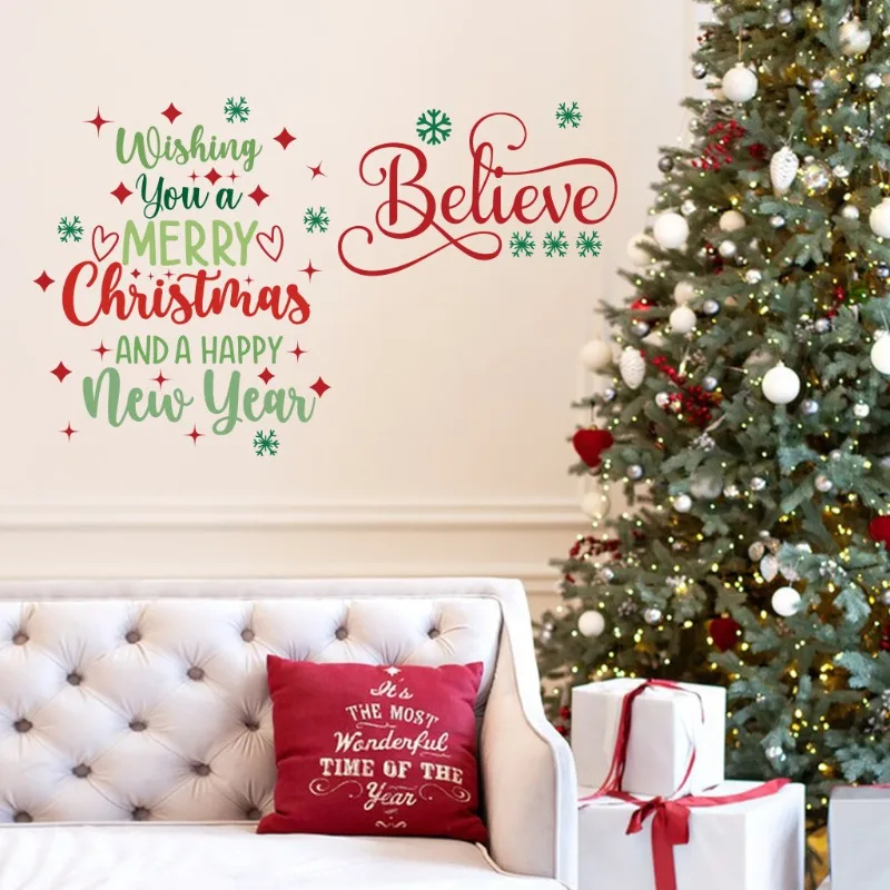 2PCS Sparkling Merry Christmas Holiday Party Decorative Sticker Vibrant Living Room Wall Decor Removable Adhesive Wall Stickers