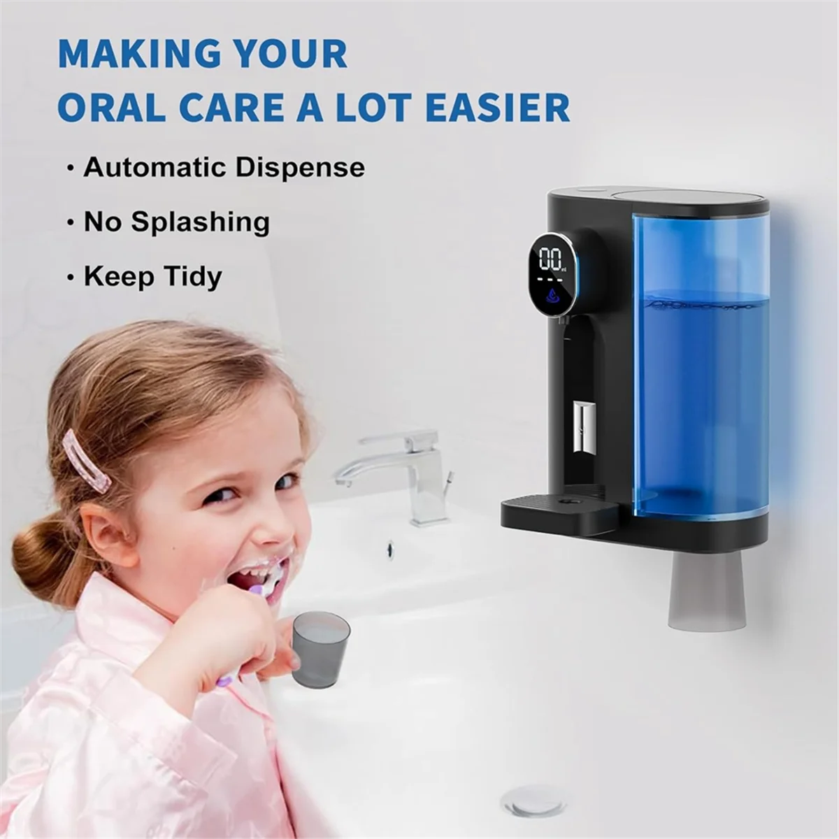 Automatic Mouthwash Dispenser for Bathroom: Wash Dispenser with Magnetic Cup Holder, Wall Mounted for Kids Adults Black