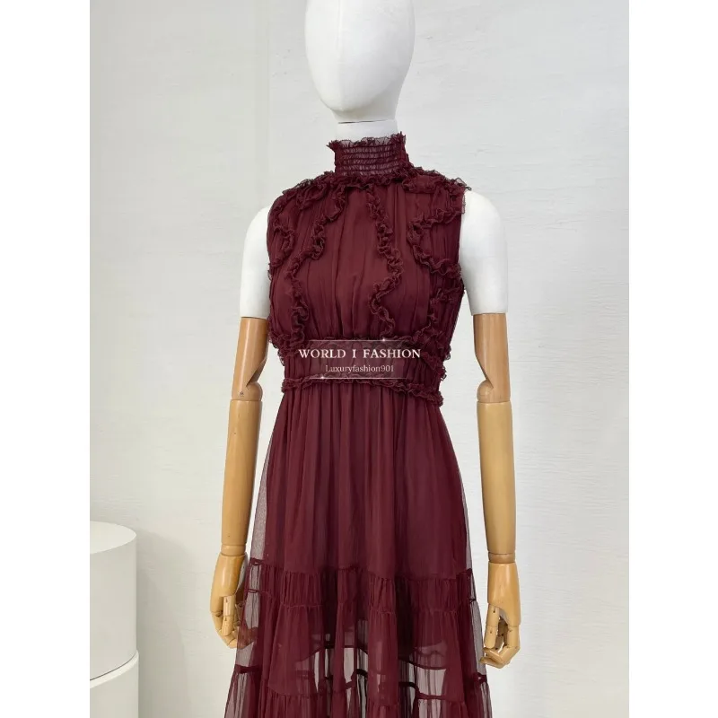 

2025 New Deep Red and Black Sleeveless Flowers Appliqued Mini and Midi Dresses New Fashion Top Quality