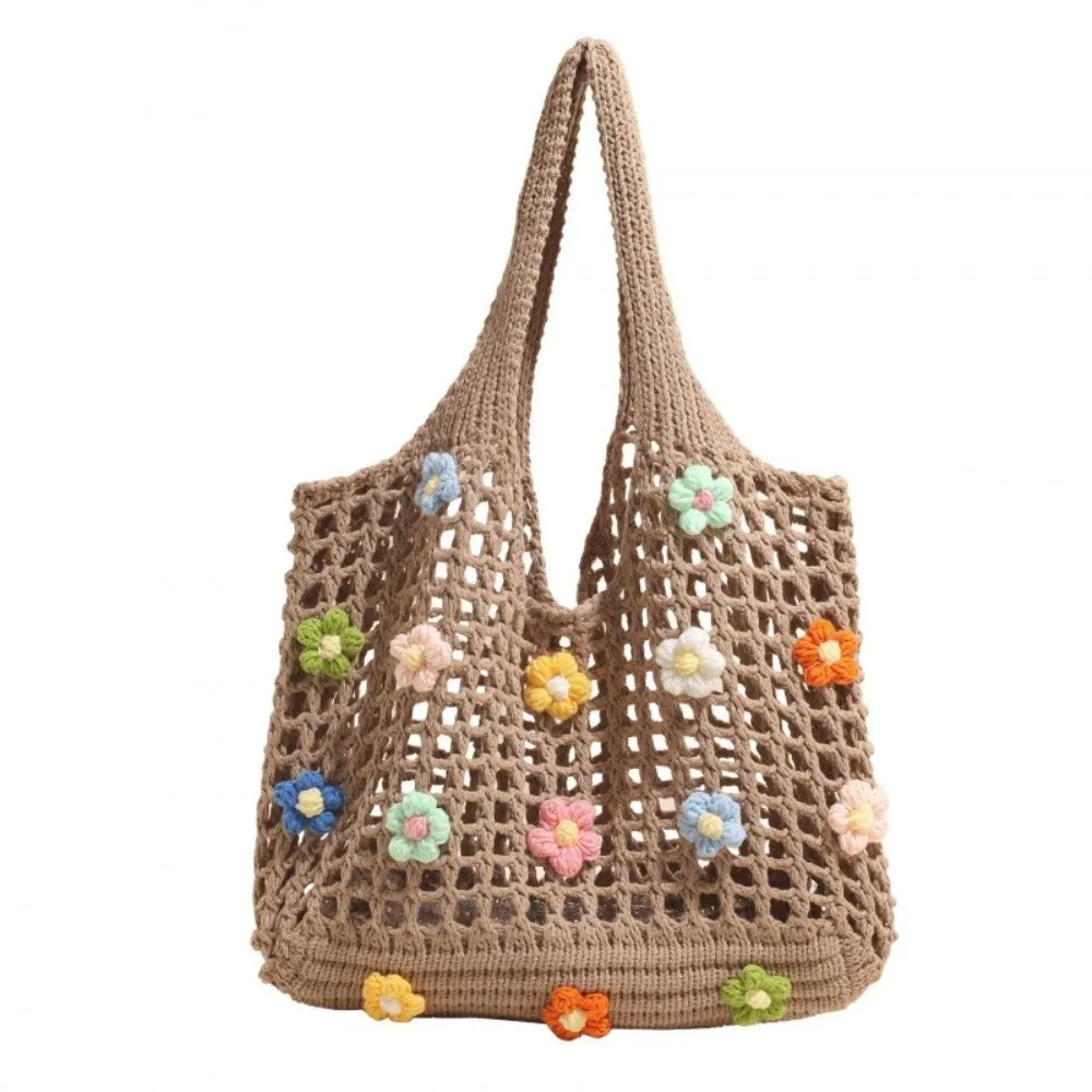 New Flowers Woven Tote Bag Large Capacity Hollow Mesh Beach Hobo Bag Lightweight Cotton Fishing Net Bag Outdoor