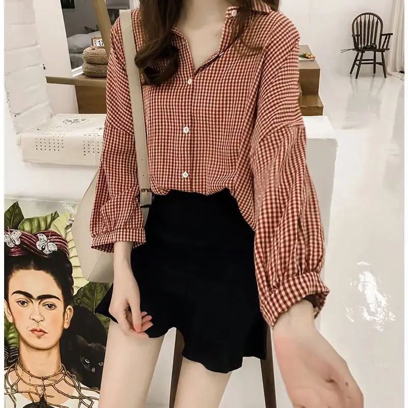 2023 Spring Autumn Women\'s Korean BF Style Oversize Streetwear Lantern Sleeve Plaid Button Up Shirt Simple All Match Blouse Top