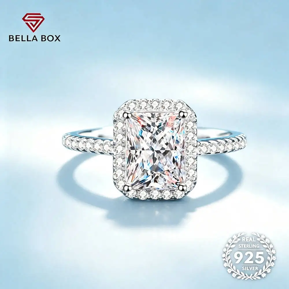 S925 Sterling Silver Emerald Cut Halo Pave Band 1CT 2CT D VVS1 Moissanite Ring Women Luxury Bridal Wedding Engagement Jewelry