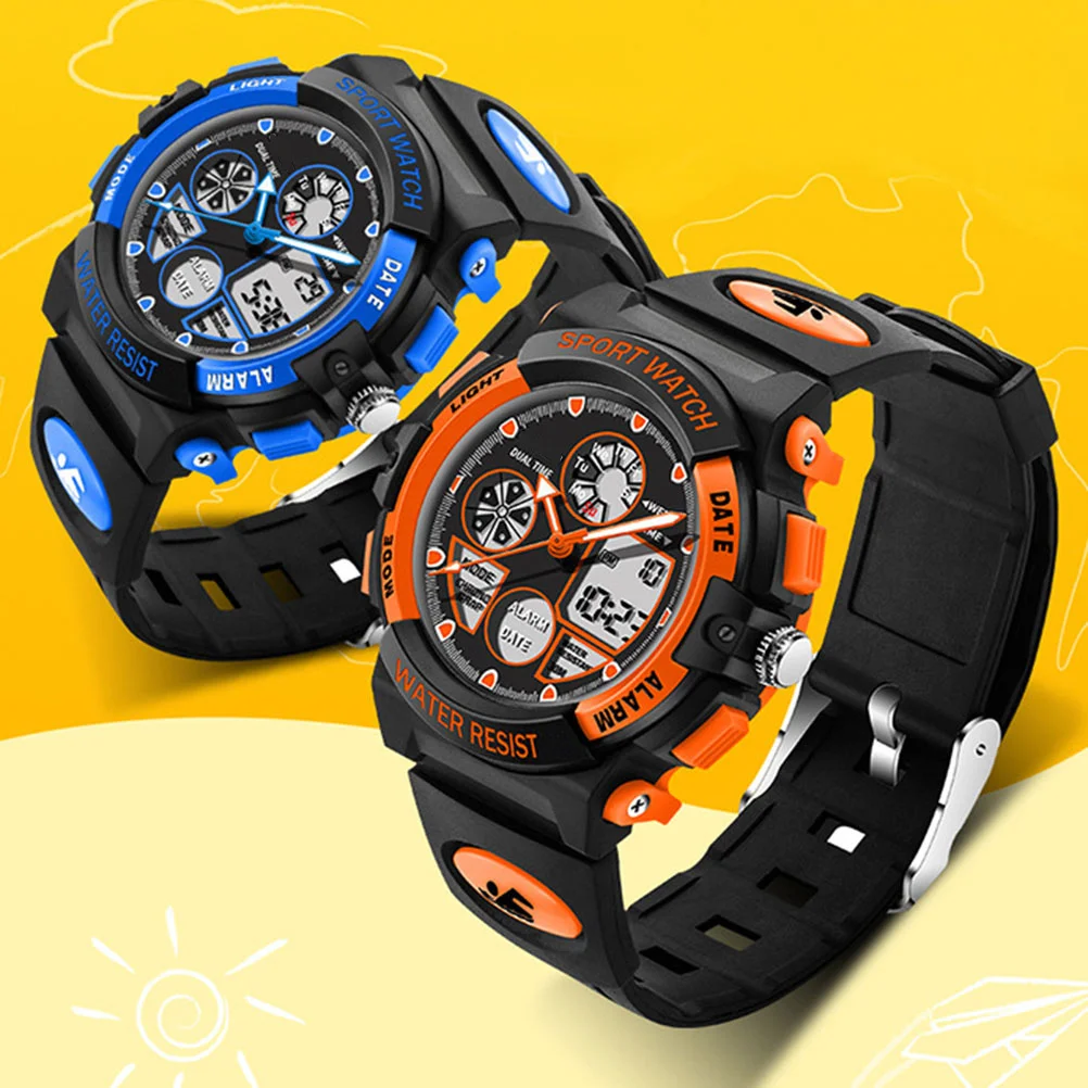 Wristwatch 30m Waterproof Multifunctional LED Light Alarm Calendar Dual Times for 3-13 Year Black Blue
