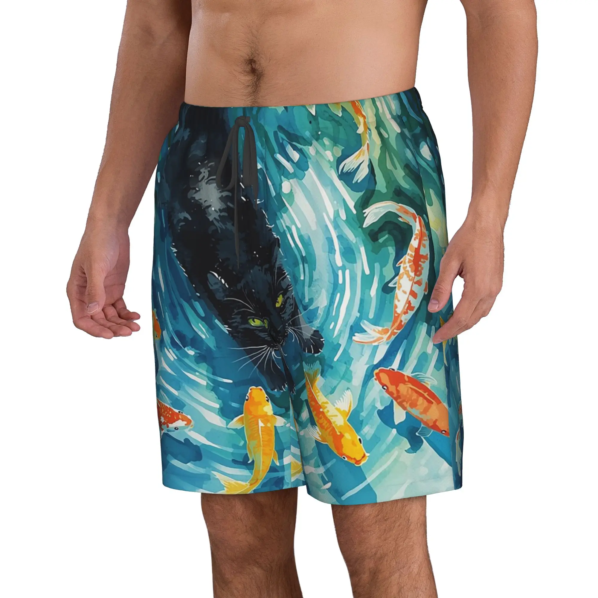 Cat Peeking Into Water Staring at Swimming Fish Trunks Beach Board Shorts Casual Quick Dry Swim Summer Men Pants