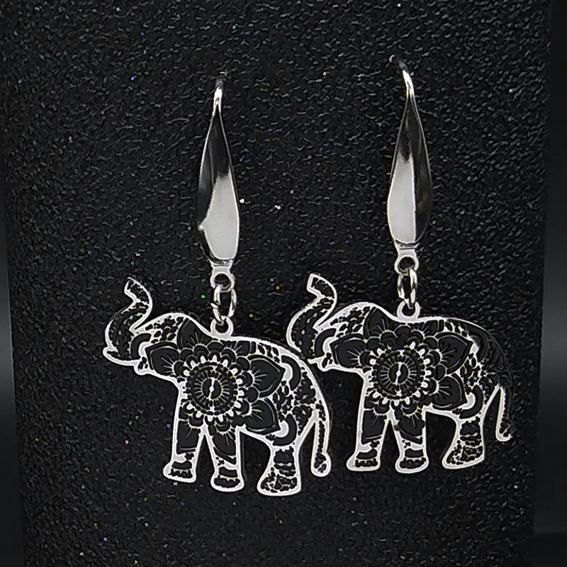 Elephant Stainless Steel Dangle Earrings Women Black Enamel Animal Earrings Jewelry pendientes acero inoxidable mujer E2036S02