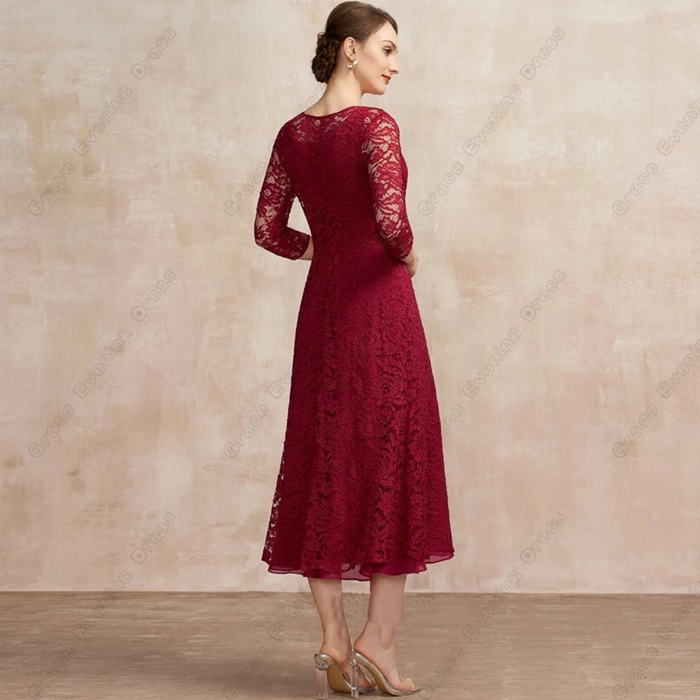 فساتين أم العروس بسيطة باللون العنابي مع دانتيل ثلاثة أرباع لحفلات الزفاف 2025 صيف جديد طول الشاي فيستدو دي نوش