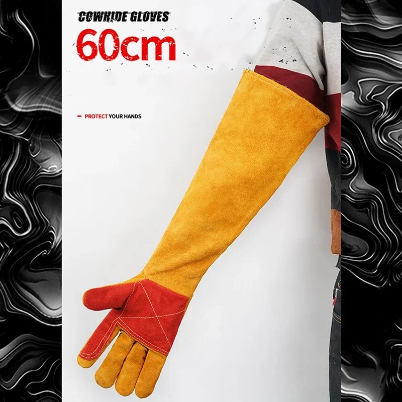 Guantes de guantelete de poda de rosas de jardinería de alta resistencia de 60cm guantes de soldadura de trabajo de manga larga anticalor de cuero dividido de vaca suave y grueso