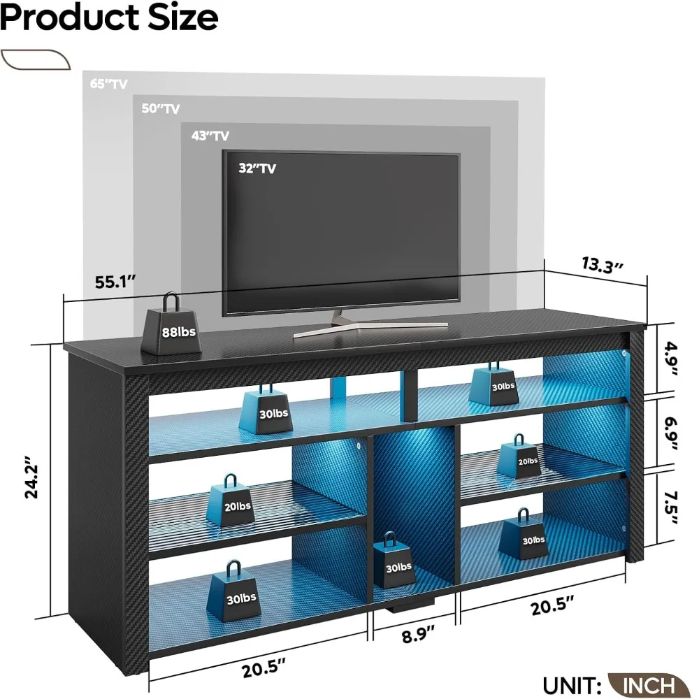 Bestier LED Tall TV Stand, Entertainment Center for 55/60/65 Inch TV, Gaming TV Console with Storage for PS5, Adjustable Shelf