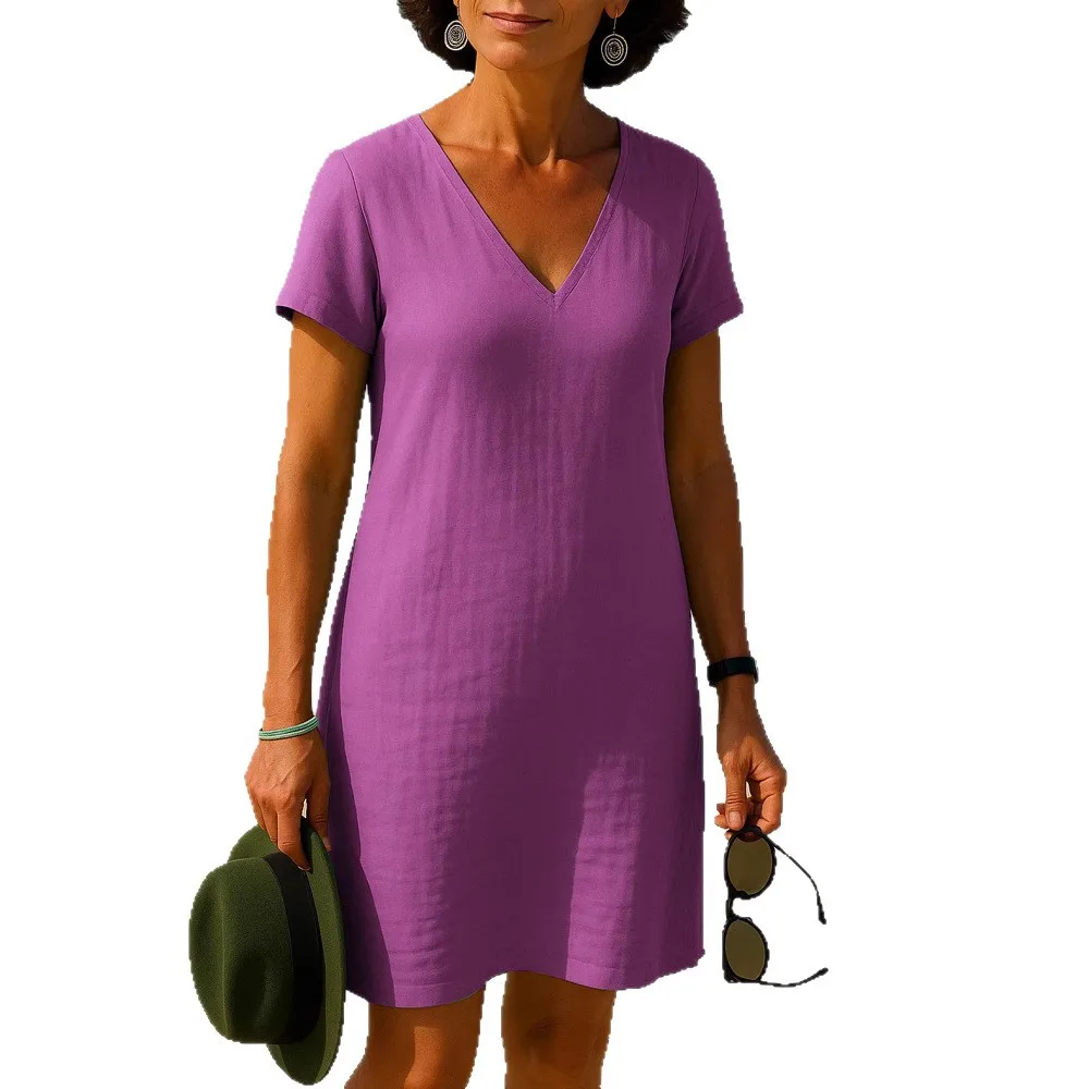 Summer Dress Woman V Neck Short Sleeve Solid Color Flowy Beach Midi Dress Vintage Boho Casual Cotton Linen Dress