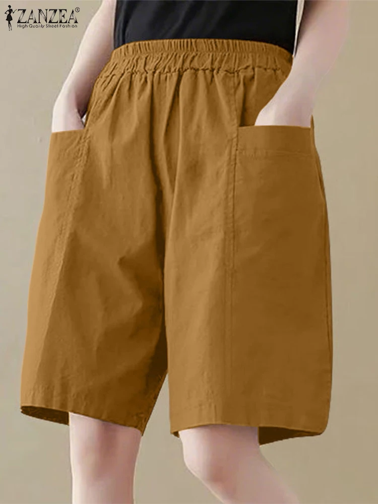 ZANZEA Summer Women Shorts Vintage Solid Color Half Pants 2025 Street Casual Korea Elastic Waist Pockets Short Bottoms Femme