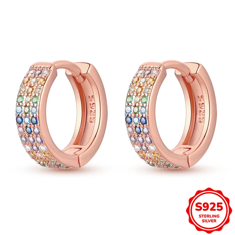 

925 Sterling Silver Earrings Women Three Rows Of Rose Gold Glittering Colors Hoop Earring For Anniversary Wedding Jewelry Gift