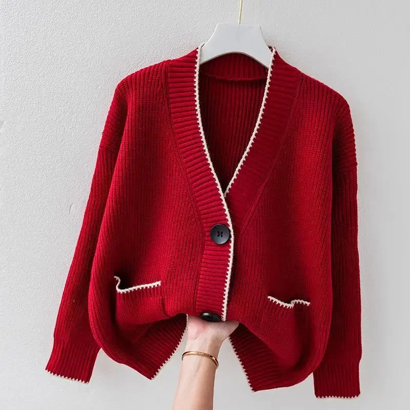 Women\'s Sweater Red V-neck Striped Cardigan Knit Tops for Woman Winter Button Autumn 2024 in Promotion Sale Aesthetic Warm Tall