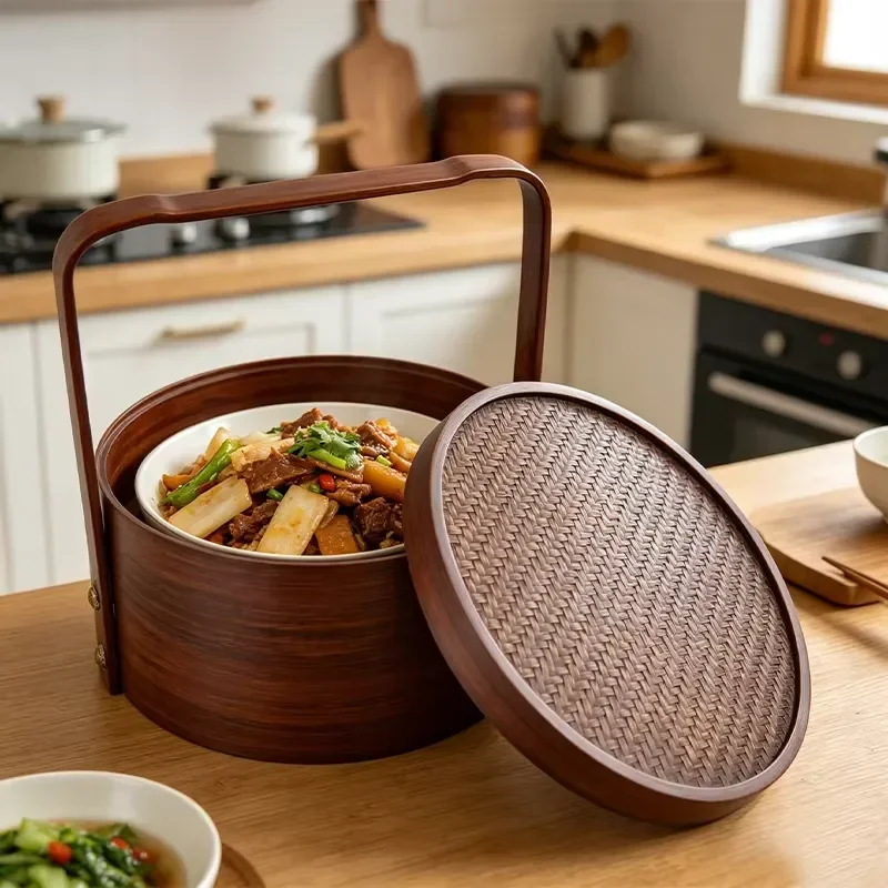 Bamboo Food Storage Basket Double-Layer Woven Vintage Picnic Box Traditional Circle Handmade Eco-Friendly Multifunction