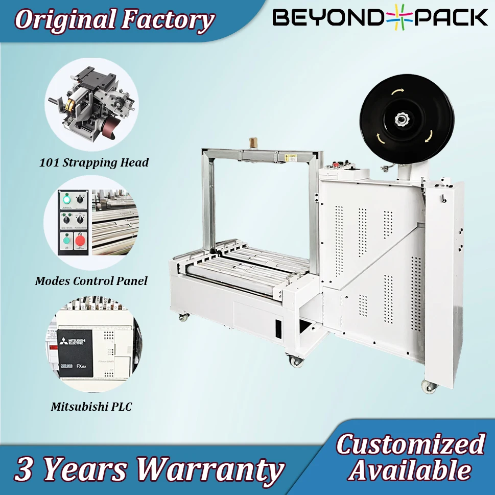 Beyond Pack Banco de trabajo bajo Máquina flejadora completamente automática BY-102B Embalaje Cintas PP Tensor empacadora Envoltura