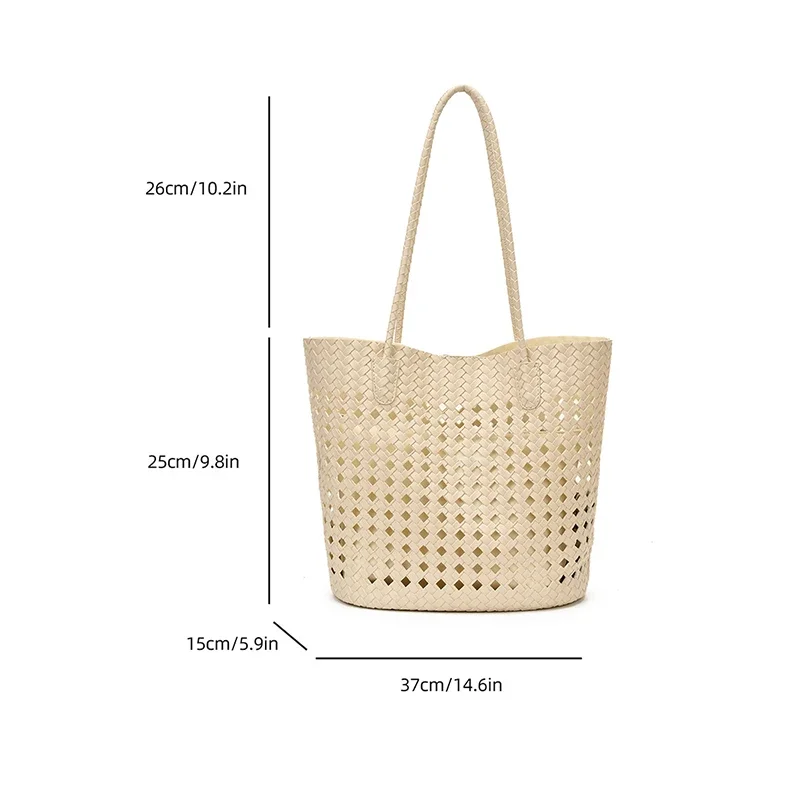 Rattan-Geflochtene Hohle Schultertasche mit Passender Geldbörse, Sommer-Shopper für Markt, Strand und Pendeln, Leichte Handtasche mit Offener Webung – Detail 1