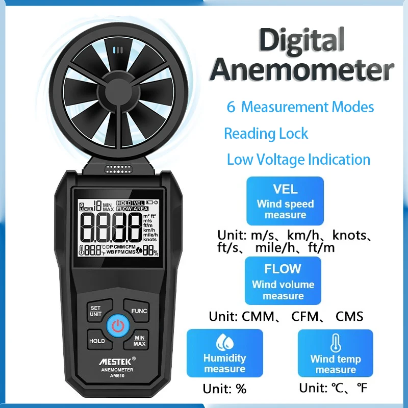 AM610 High-Precision Digital Anemometer Portable Temperature/Humidity/Wind Speed/Direction Tester Dew Point Wet Bulb Measurement