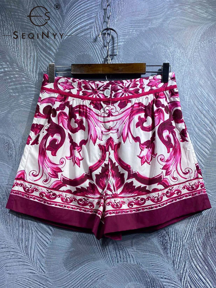 

SEQINYY Vintage Shorts Summer Spring New Fashion Design Women Runway 100% Cotton High Quality Sicily Red Flowers Print Casual