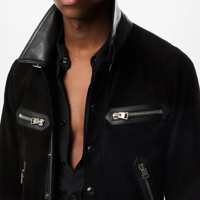 Men's Classic Suede Leather Jacket - British Fashion Custom Sheepskin Calf Leather Short Coat