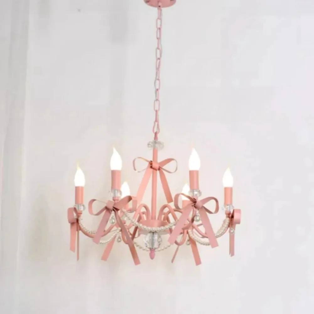 Modern Chandelier Lighting Korean Style Dining Room Led Pink Bow Knot Lamp