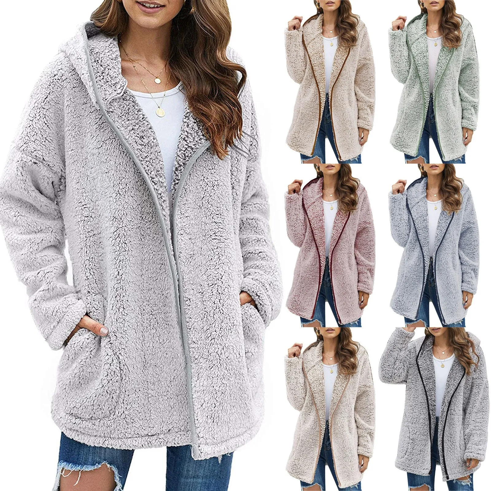

2024 New Women's Autumn and Winter Plush Warm Casual Solid Color Lapel Zipper Long Sleeve Sweater