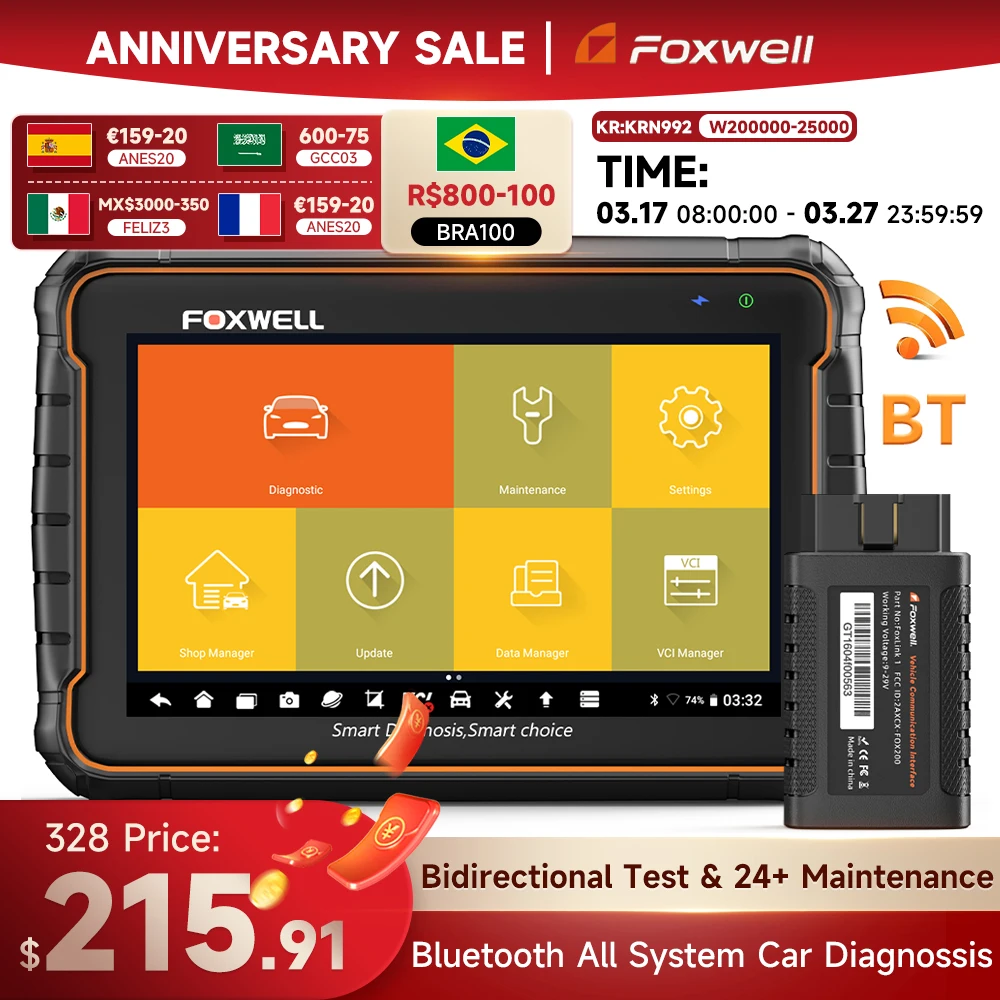 Foxwell GT60 OBD2 Bluetooth Car Diagnostic Tools Professional All System Oil Reset A/F Adjust 24 Reset OBD 2 Automotive Scanner