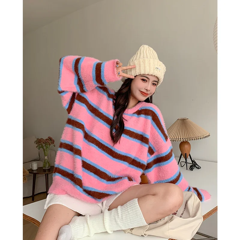 Women's Fashion New Style Design Sense Stripe Pink Long Sleeves Knitted Sweater Temperament Versatile Comfortable Sweater Autumn