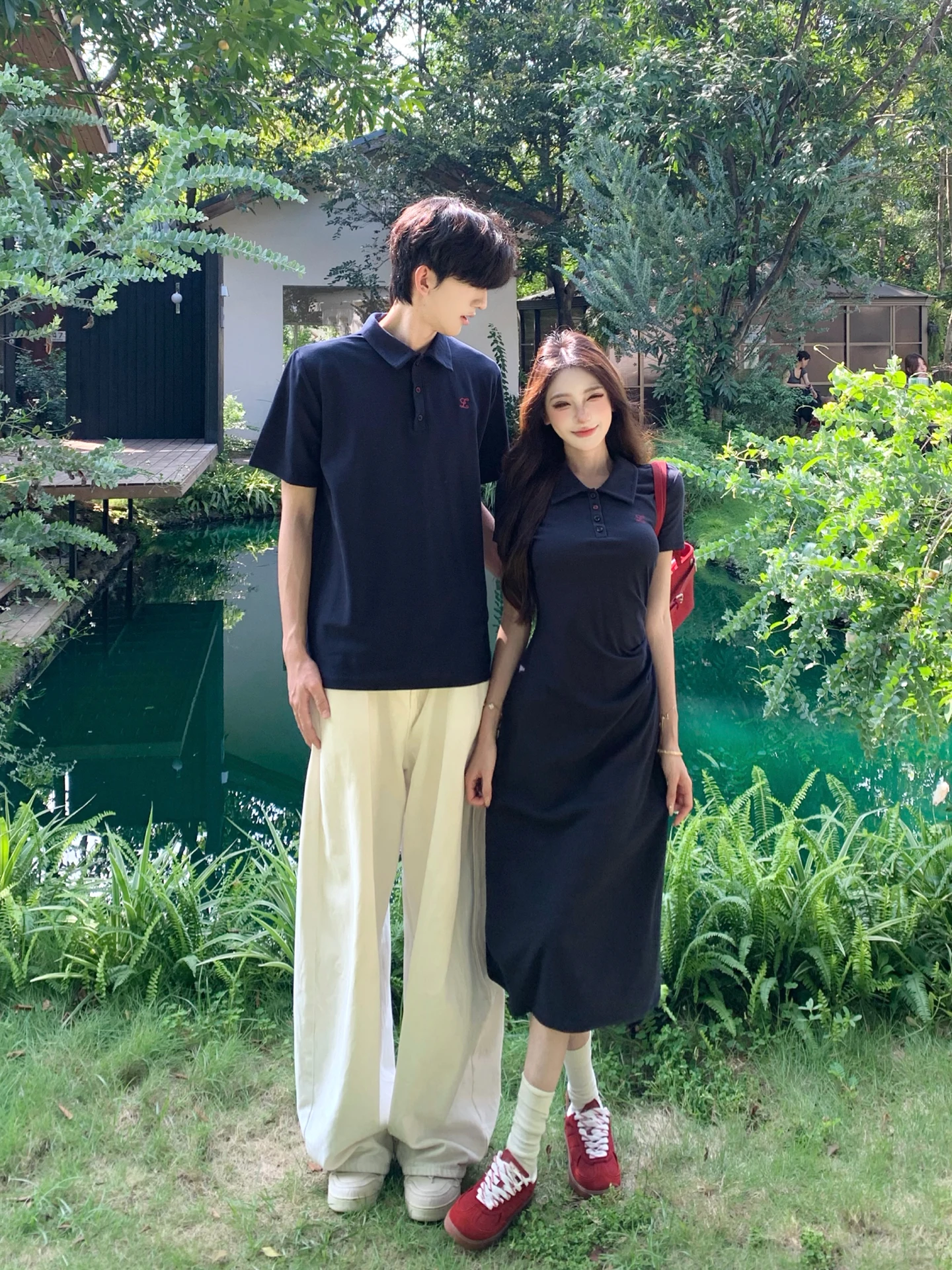 Couples Matching Short Sleeve  Neck T-Shirt And Skirt Set Mid-Length Drawstring Waist Gored Skirt Breathable Skin-Friendl...
