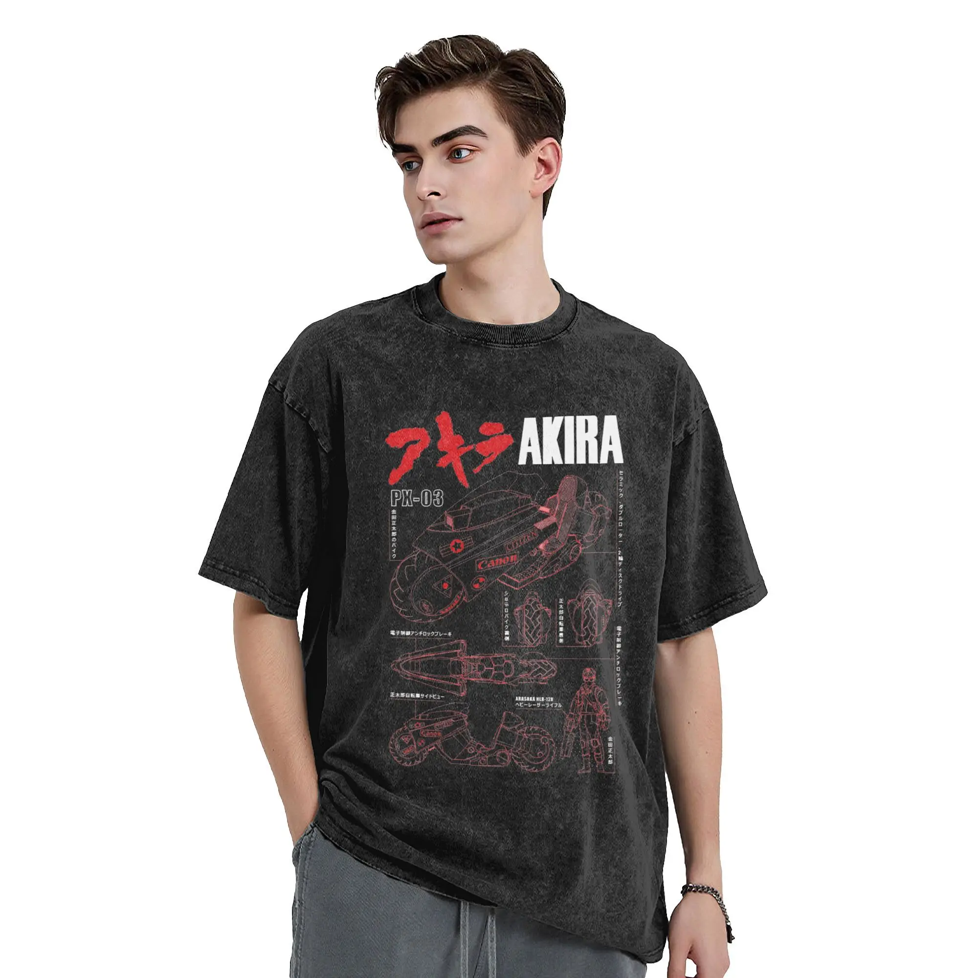 AKIRA Kaneda bike blueprint  T Shirt Hip Hop Washed Short Sleeve Oversize T-Shirts  Retro Men Women Streetwear Summer Tops Tees