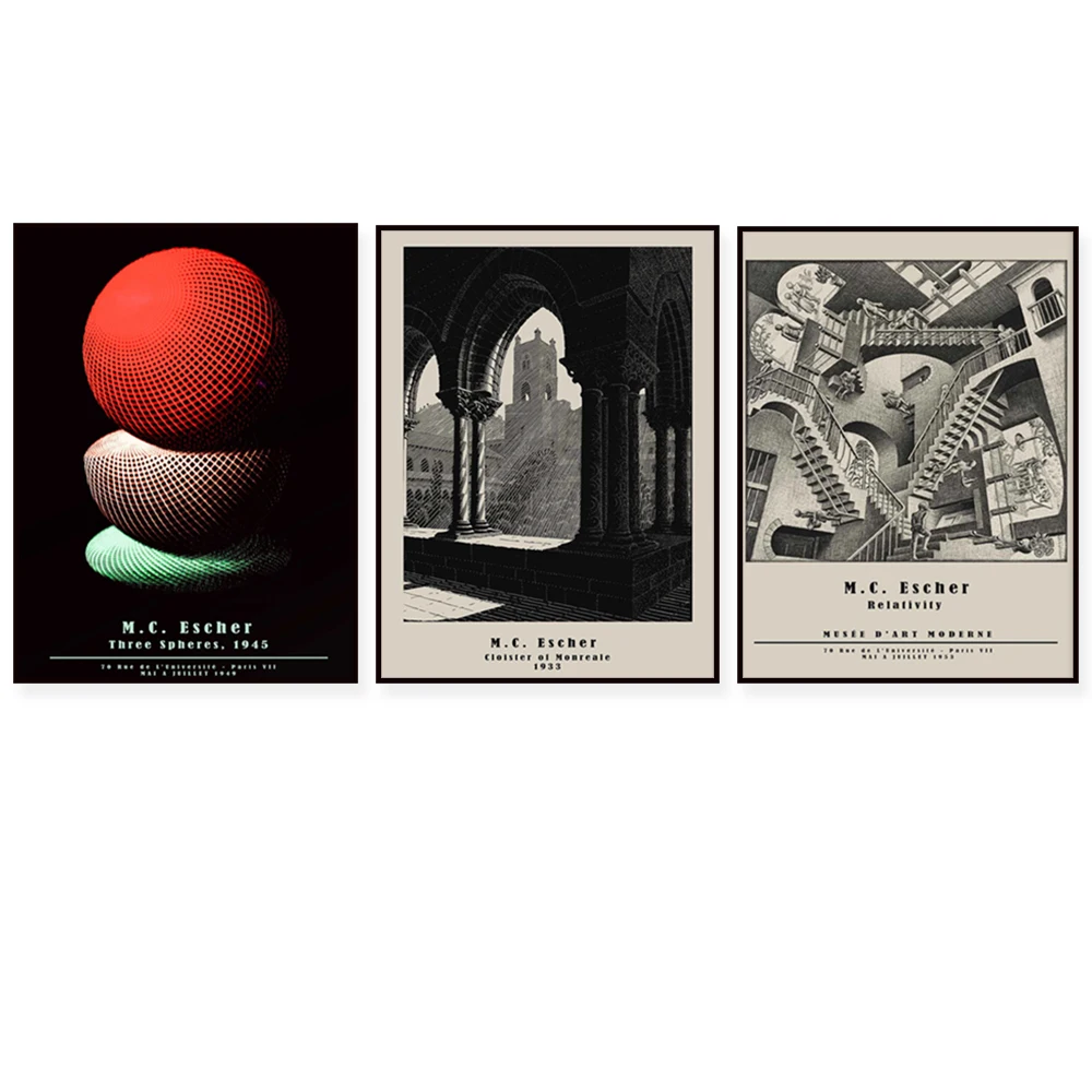 M. C. Escher engraving, Monreale Abbey, three spheres, grasshopper, relativity print, interior illusion, architectural poster,