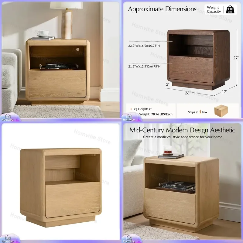 Modern Luxury Wooden Bedside Table Nightstand with Open Storage Shelf Bedroom Furniture Home Decor Small Side Table End Table