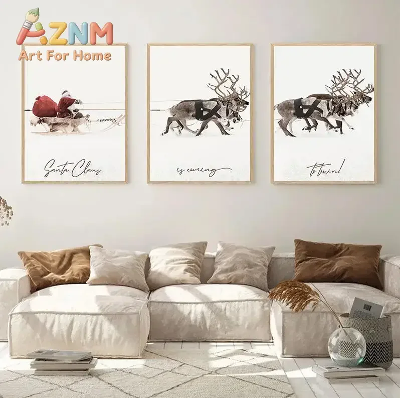 Christmas Poster Santa Claus And Elk Deliver Gifts In The Snow Canvas Painting Modern Art Print Wall Picture Living Home Deco