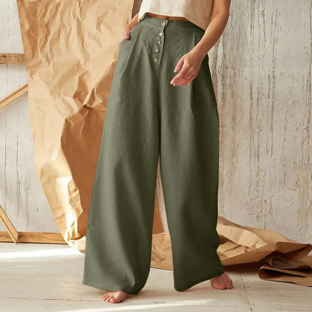 Calça de linho de algodão monocromática feminina, perna larga larga larga larga, calça queimada, roupas femininas, moda feminina, 2023