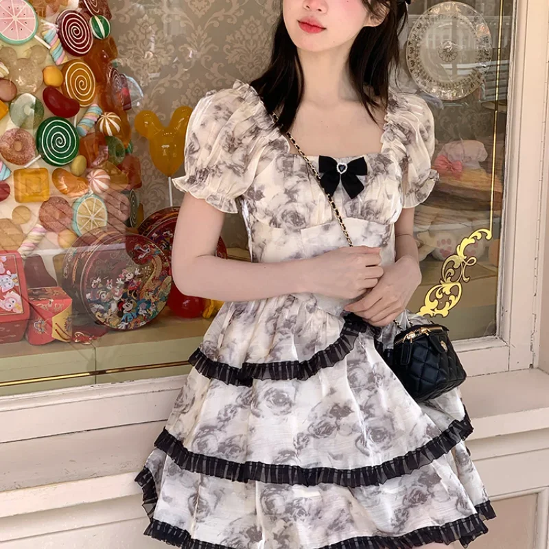 2024 New Casual Summer Short Sleeves Marble Rose French Style Retro Puff Sleeve Waist Slimming Fashionable Versatile Dress Girls