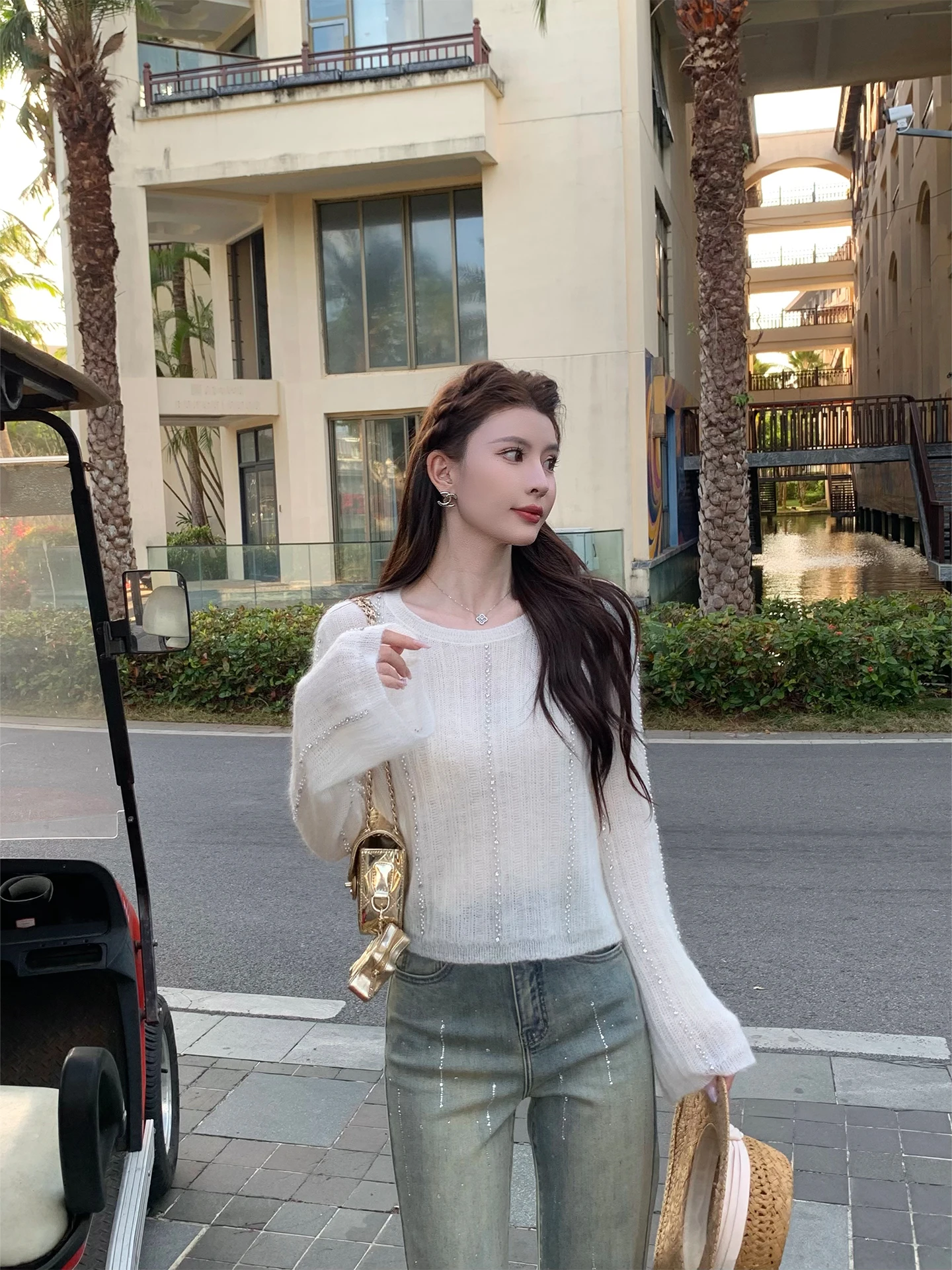 

Kun Total Women's Slim Fit Wool Knitted Sweater White Hollow out Design Casual Sle Long Sve round Ne Top