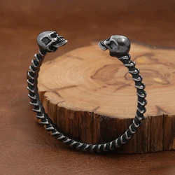 Punk Vintage Cool Skull Bracelet for Men Boys Gothic Stainless Steel Opening Skeleton Bangle Biker Amulet Jewelry Gift Wholesale