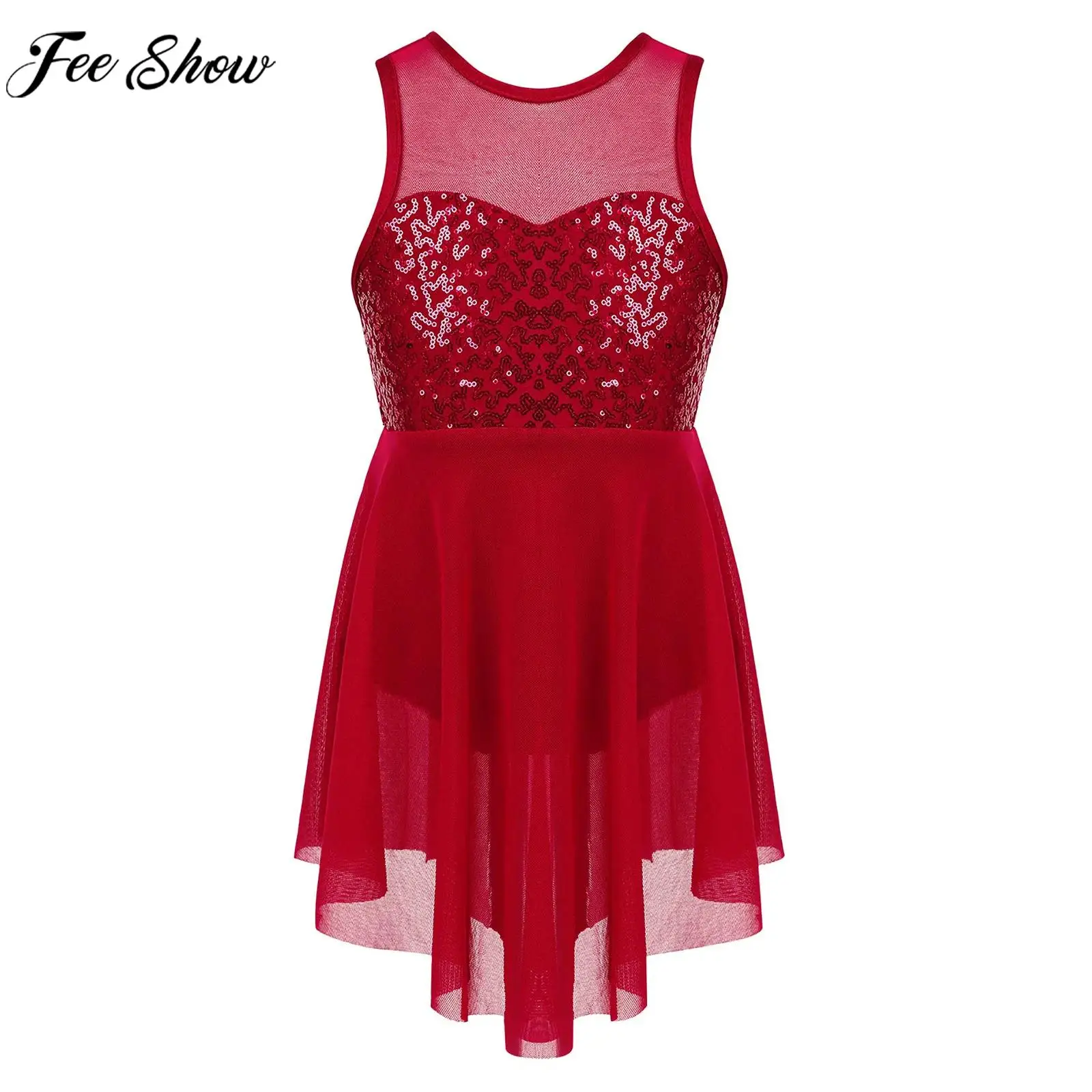 

Современное лирическое танцевальное платье для девочек без рукавов, блестящее сетчатое трико с блестками, пачка, балетная гимнастика, катание на коньках, сценическая танцевальная одежда