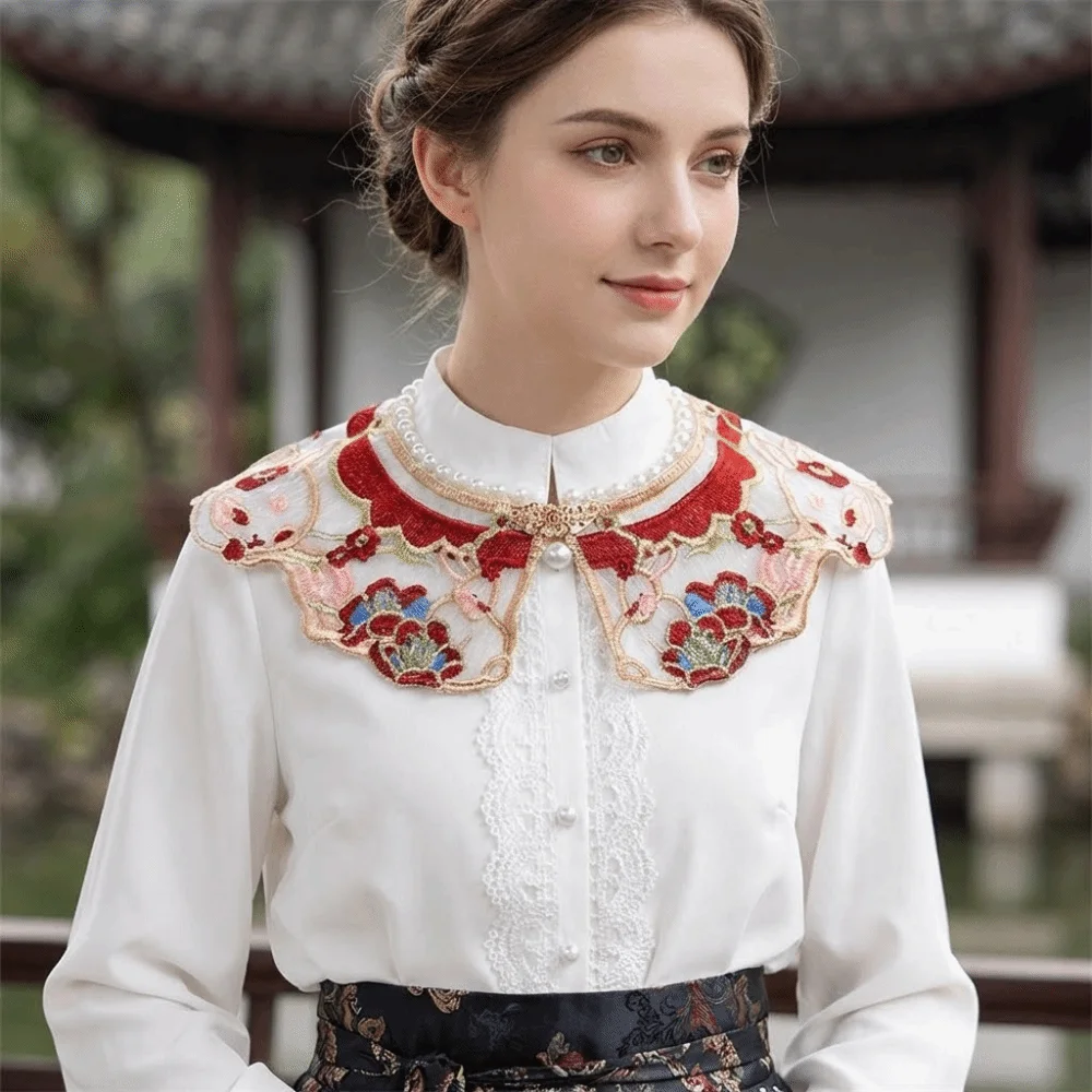

Retro Elegant Hanfu Shawl Embroidery Floral Pattern False Collar Chinese Style Vintage Hanfu Shoulder Collar for Kids