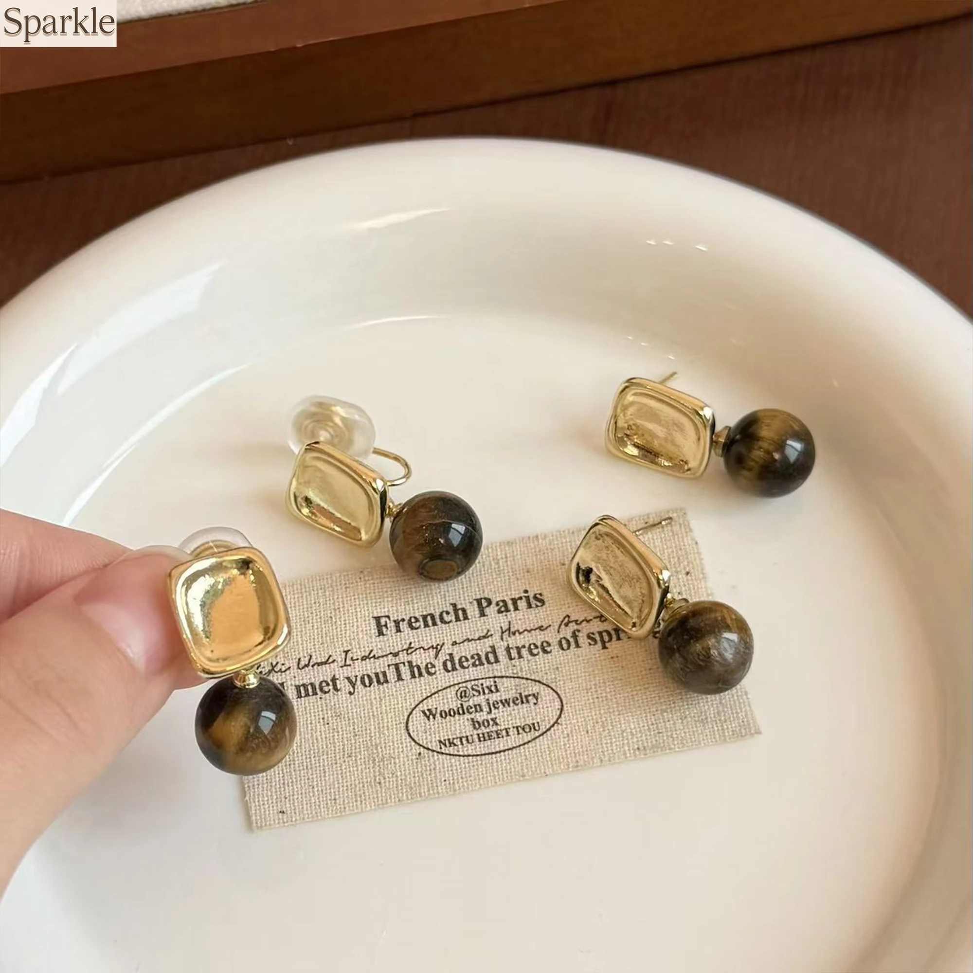 Retro Caramel Color Tiger's Eye Stone Earrings for Women Fashionable Autumn Winter Jewelry Gift for Valentine's Day Anniversary