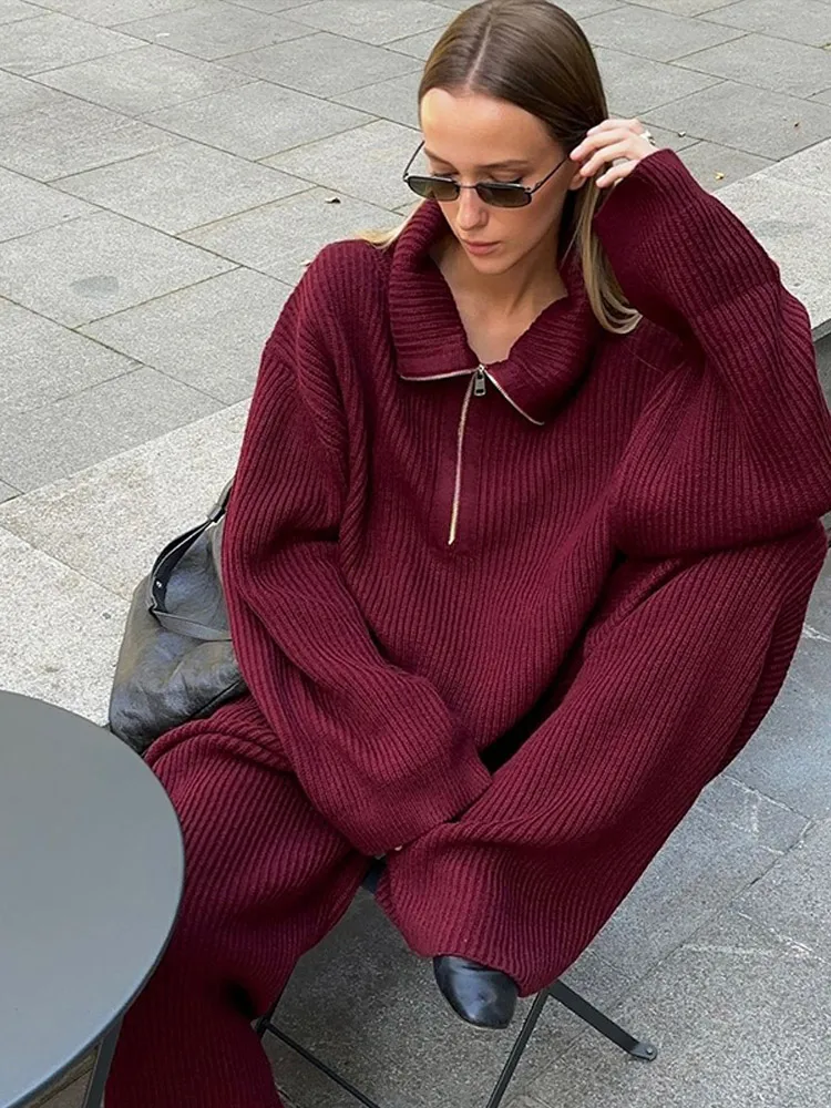 Casual Lapel Zipper Full Sleeve Pullover Sweater Suit Women Chic Solid Long Loose Pants Suits Winter Lady Knitted 2-piece Sets