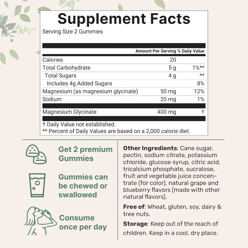 Magnesium glycinate gummies 400mg/serving -60 gummies for muscle and bone health support supplements