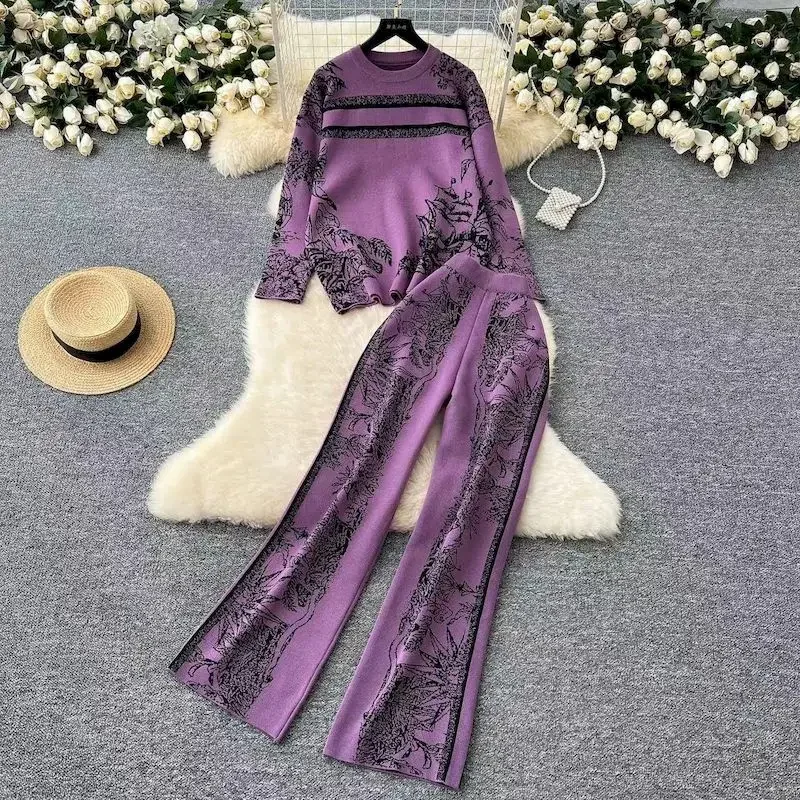 Elegant Printed 2 Piece Sets Women High Street Knitted Sweater and Wide Leg Pants Suit Female Korean Matching Set Autumn Winter