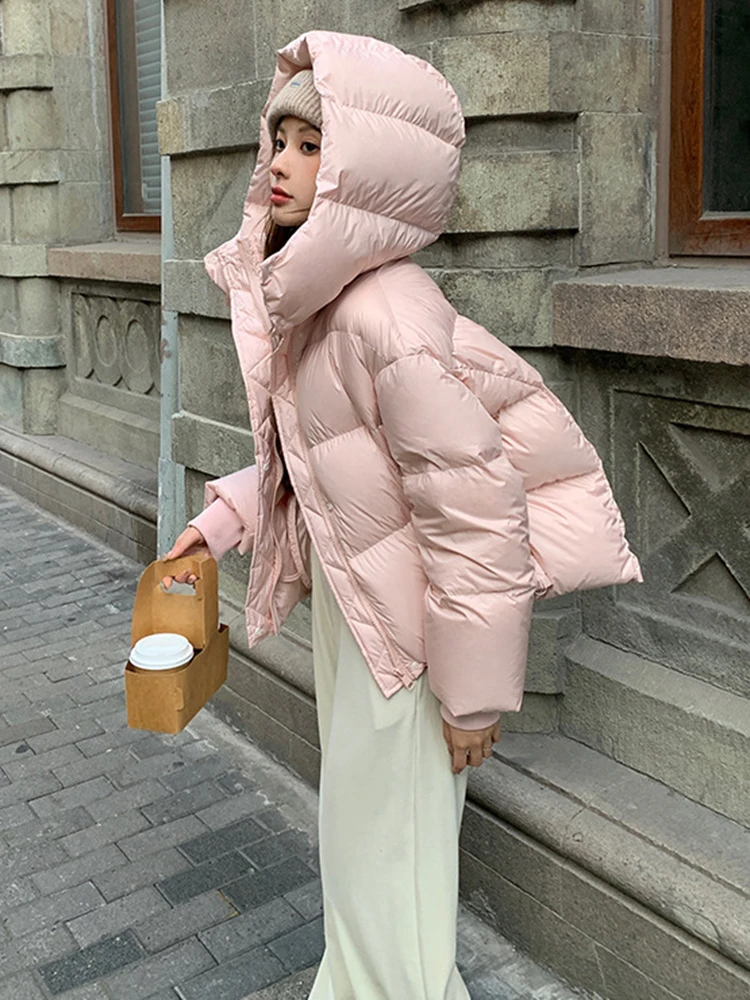 New Winter Women White Duck Down Down Jacket Women Fashion Hooded Casual Solid Long Sleeve Thickened Puff Feel Bread Jacket Coat