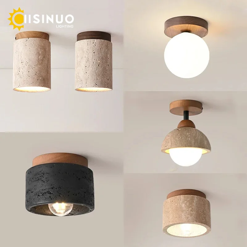 

Wabi sabi Natural Stone Downlight Wood&Travertine Ceiling Lamp E27 Base Corridor Ceiling Light Balcony Living Room Bedroom Decor