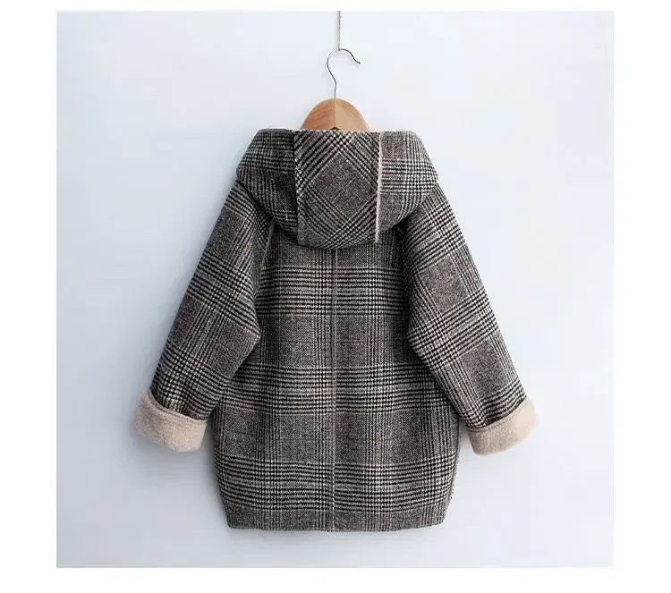 Autumn Winter Kids Jacket Girl Outerwear Lattice Velveteen Woolen Coat Medium Long Hooded Woolen Overcoat E4279