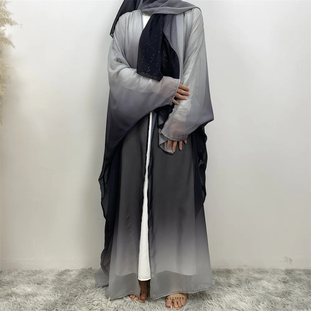 Dubai Luxury Shiny Gradient Color Abaya Open Kimono Muslim Dresses with Scarf Chiffon Modest Robe Khimar Islamic Kebaya Caftan