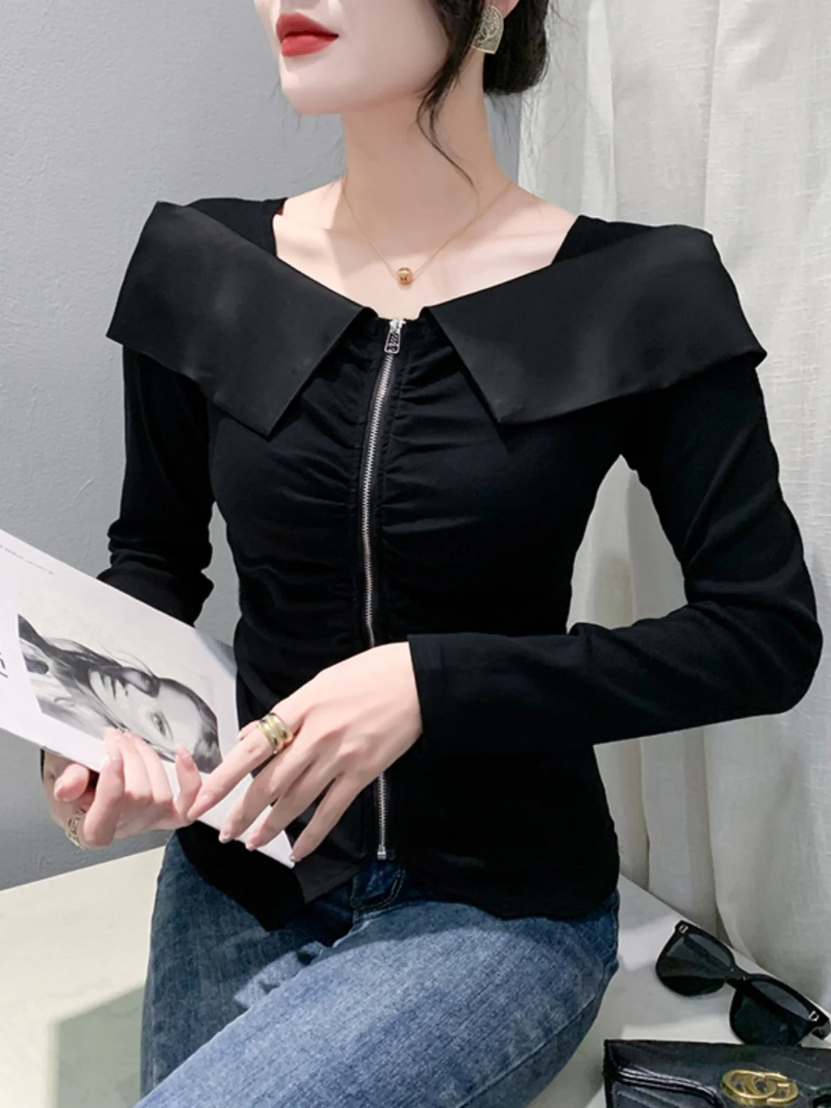 Autumn Cotton T Shirts Female Fashion Folds Front Zipper Full Sleeve Slim Tee Top Woman Base T-shirt HF3015