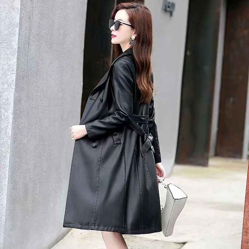 ผู้หญิงเสื้อหนังยาว 2025 ฤดูใบไม้ผลิใหม่เกาหลีSlim Luxury Windbreaker Jacket Double-Breastedเข็มขัดBomber Streetwear Outwear