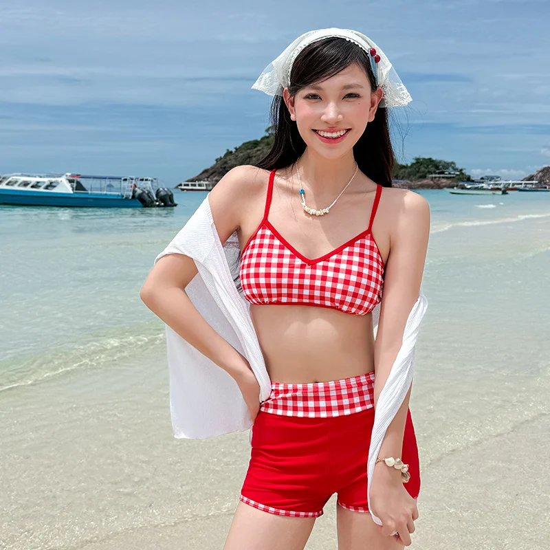 New Plaid Big Size Bikinis Sets Women's Swimsuit with Cover Ups Top Swimwear Padded 3 Pieces Bathing Suits with Bottoms Outfits